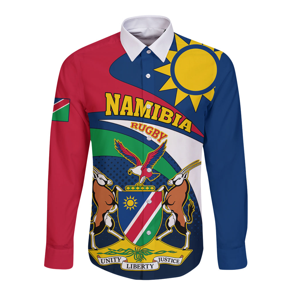 Long-sleeve rugby button shirt with Namibia crest, blue/red/white panels and collar