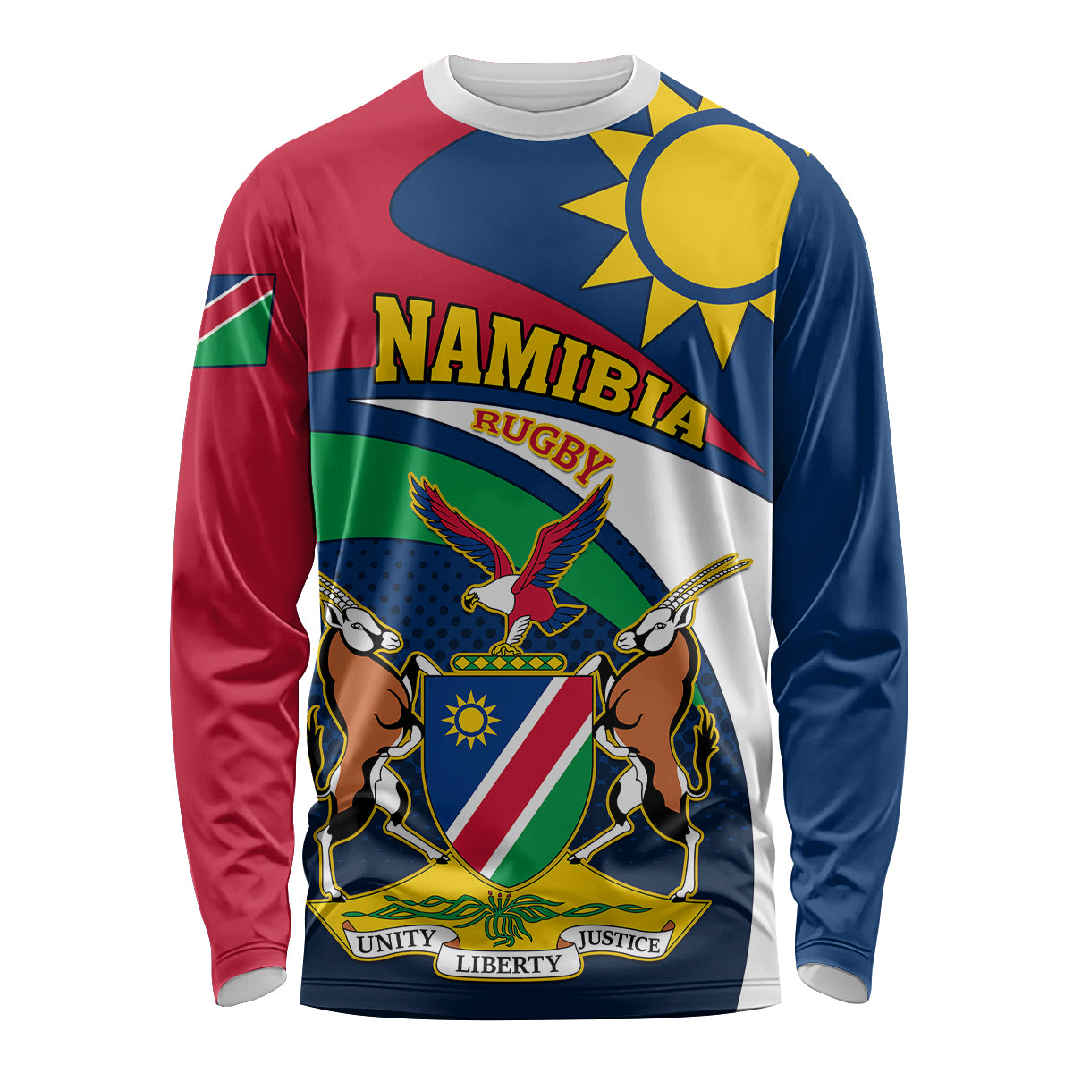 Namibia rugby long-sleeve shirt in blue with large crest and winged animal graphic