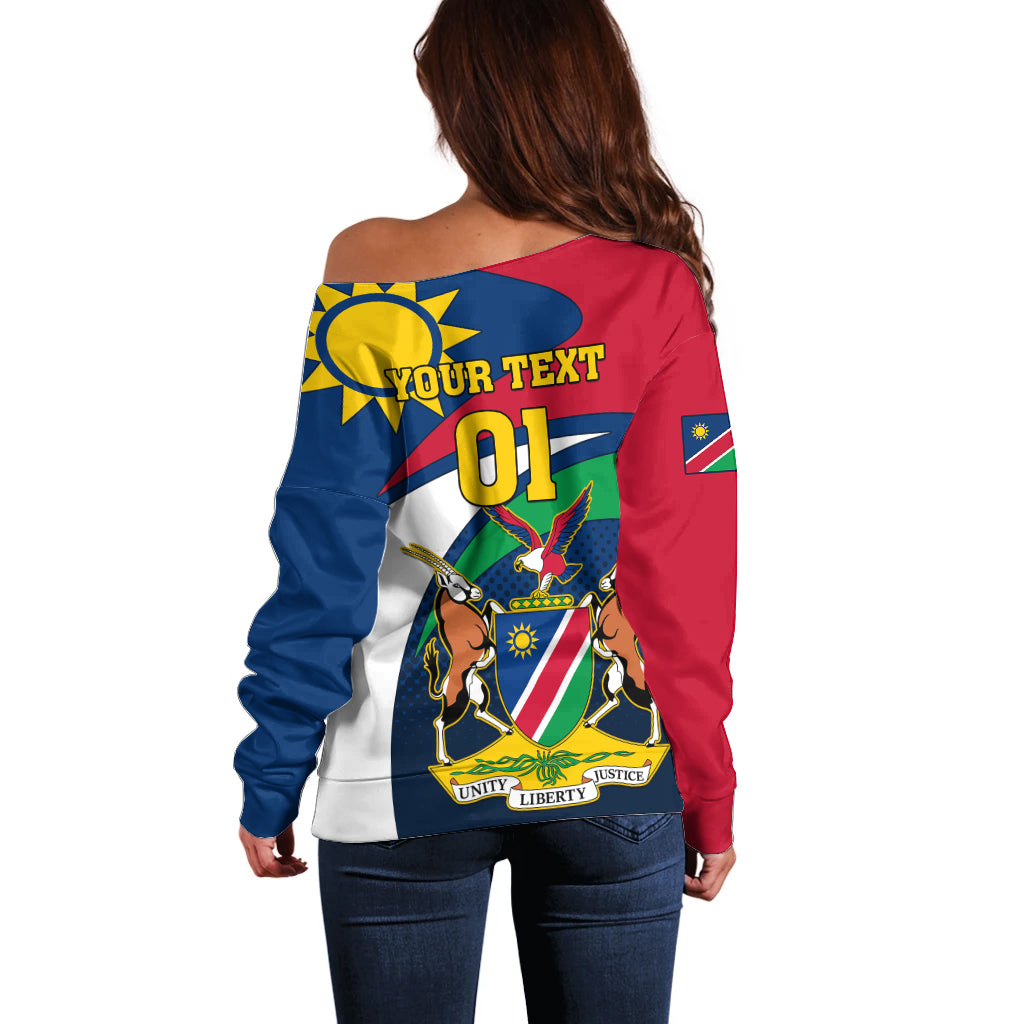 Women's off-shoulder rugby sweater back, blue/red with YOUR TEXT 01 design