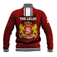 Red rugby baseball jacket with striped ribbed hem; back crest and "THE LELOS" text