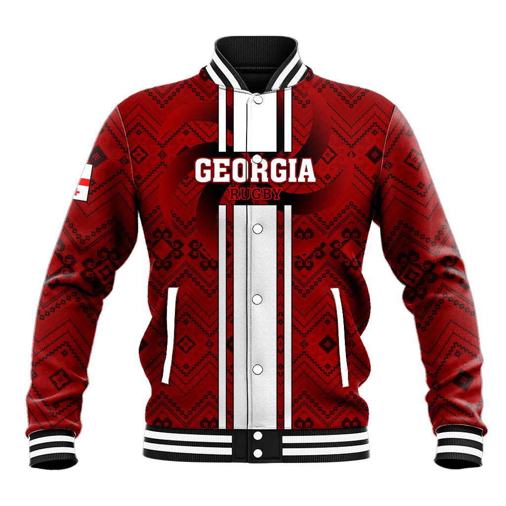 Red rugby baseball jacket with striped snap placket and front Georgia text