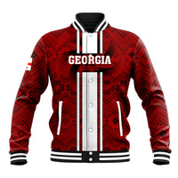 Red rugby baseball jacket with striped snap placket and front Georgia text