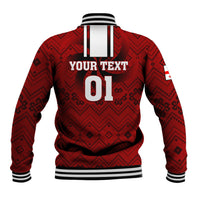 Red rugby baseball jacket back with striped collar and large 01 graphic