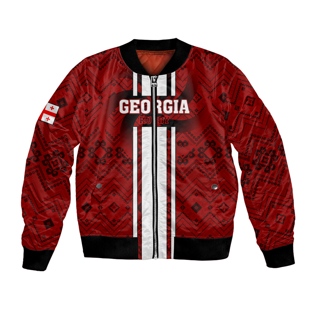 Red bomber jacket with black ribbed collar, Georgia crest graphic and striped center panel