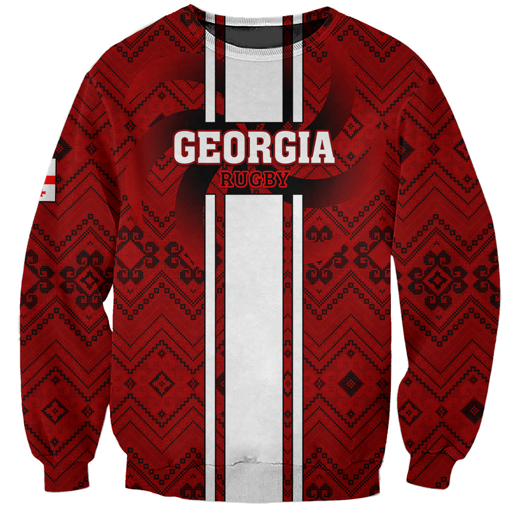 Red rugby sweatshirt with Georgia Rugby logo, patterned knit and white stripe panel