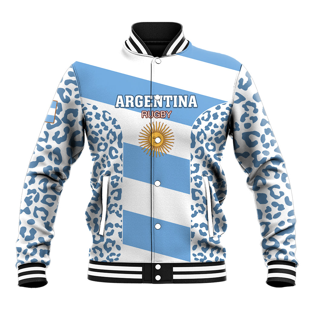 Unisex blue and white rugby baseball jacket with leopard print, Argentina logo, snap front