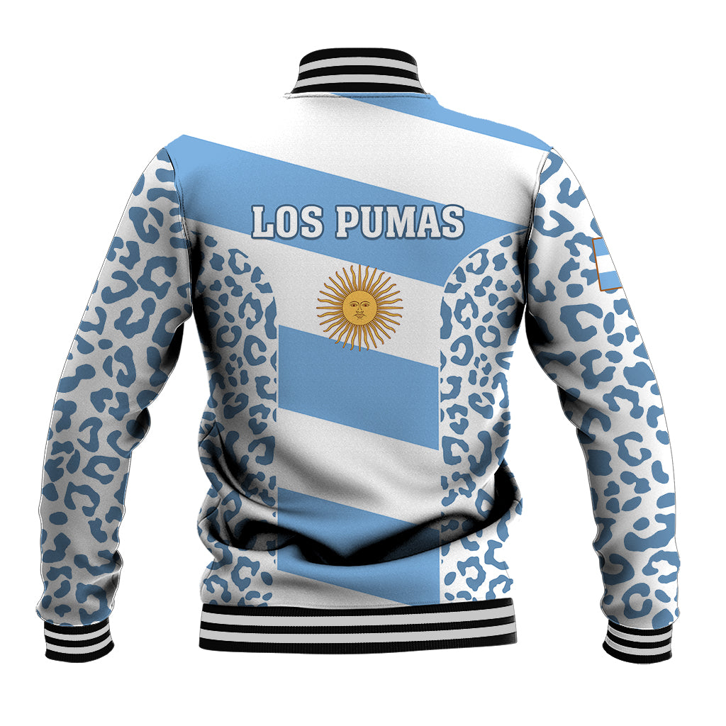 Unisex blue and white rugby baseball jacket with leopard print, Los Pumas back graphic
