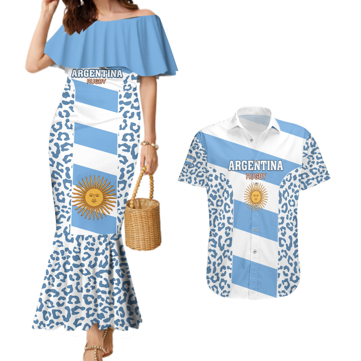 Argentina Rugby Couples Matching Mermaid Dress and Hawaiian Shirt Los Pumas Go 2023 World Cup - Wonder Print Shop