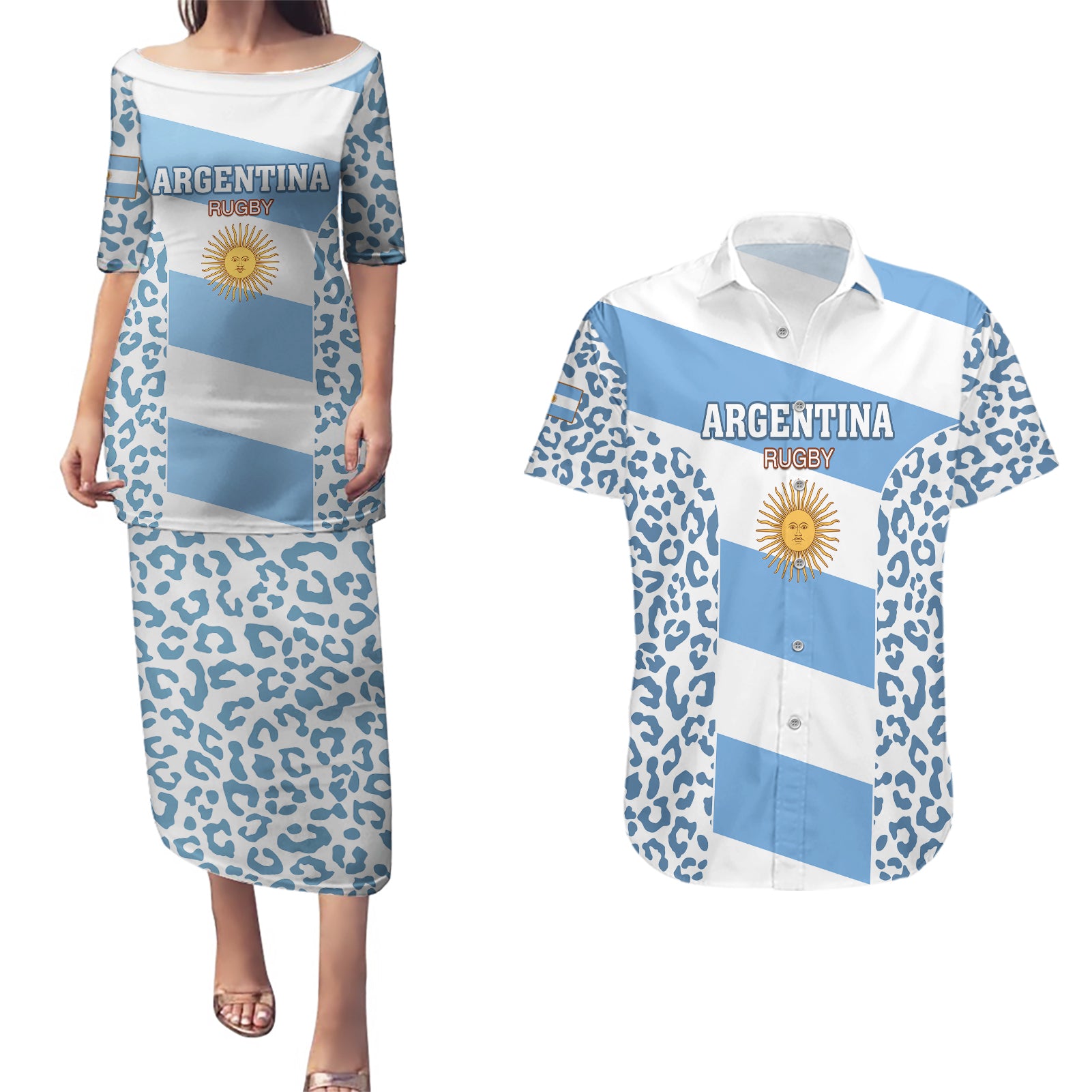 Argentina Rugby Couples Matching Puletasi Dress and Hawaiian Shirt Los Pumas Go 2023 World Cup - Wonder Print Shop