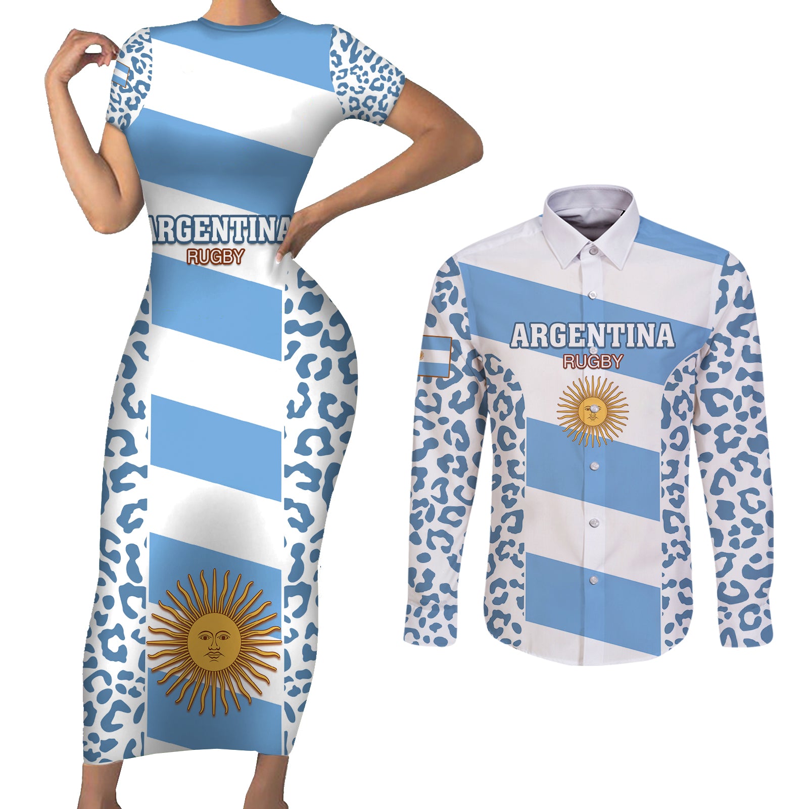 Argentina Rugby Couples Matching Short Sleeve Bodycon Dress and Long Sleeve Button Shirts Los Pumas Go 2023 World Cup - Wonder Print Shop