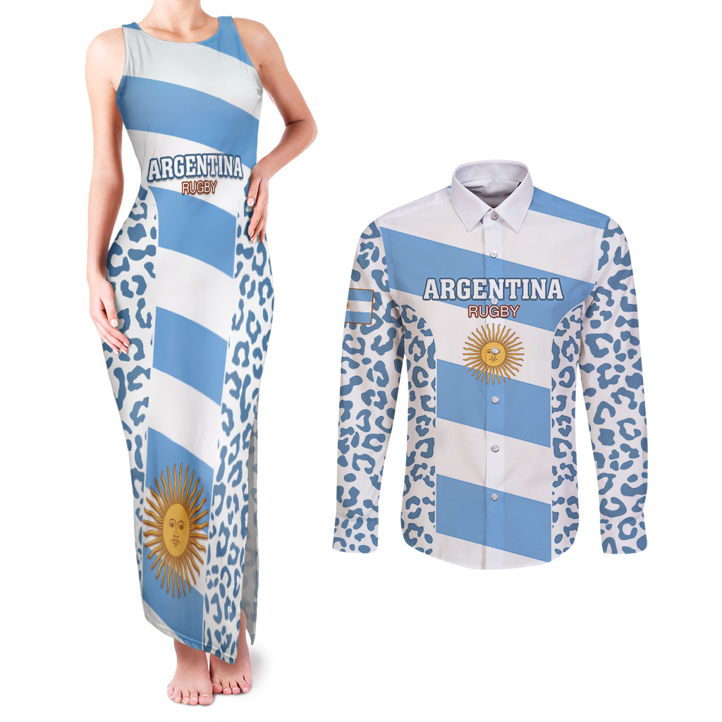 Argentina Rugby Couples Matching Tank Maxi Dress and Long Sleeve Button Shirts Los Pumas Go 2023 World Cup - Wonder Print Shop