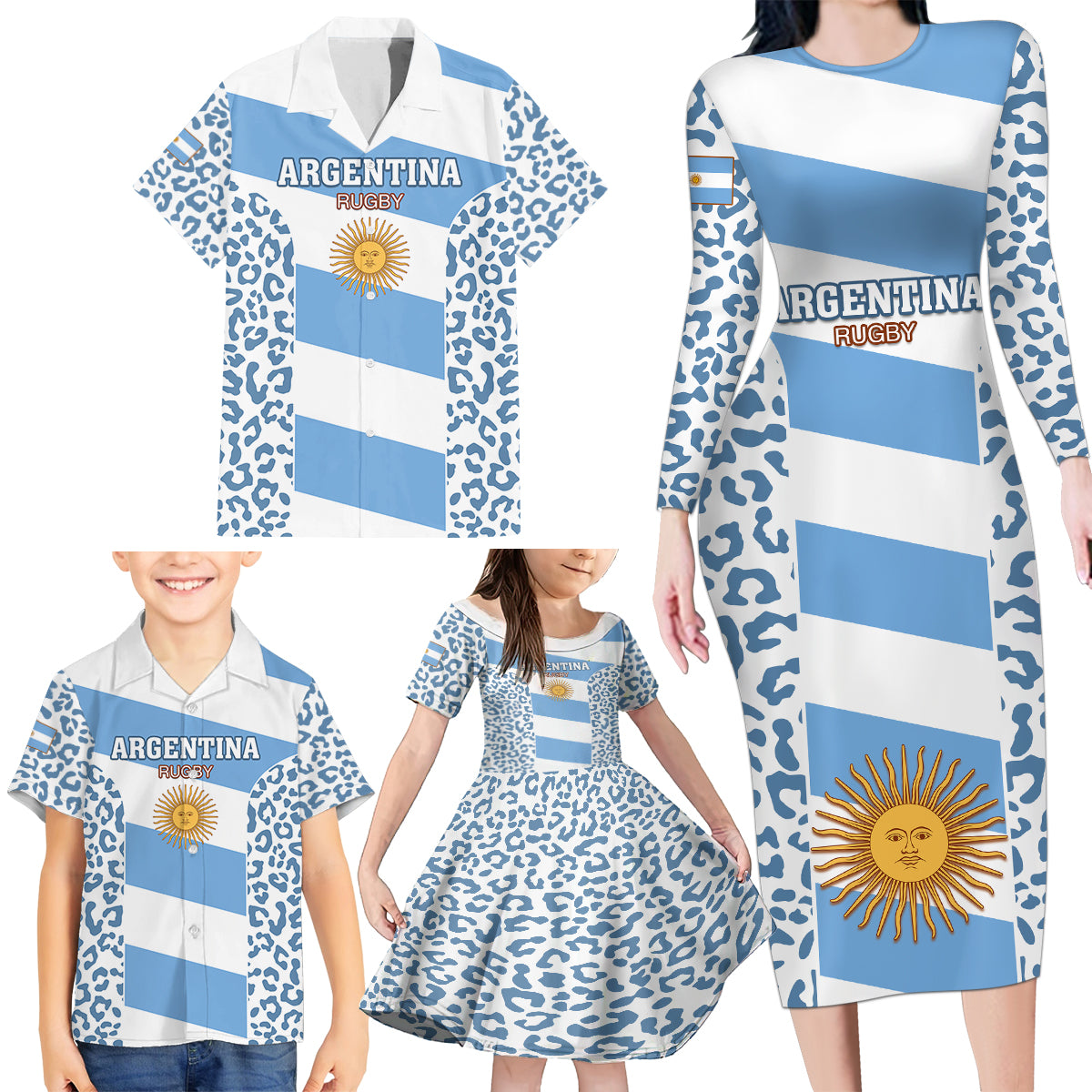 Argentina Rugby Family Matching Long Sleeve Bodycon Dress and Hawaiian Shirt Los Pumas Go 2023 World Cup - Wonder Print Shop