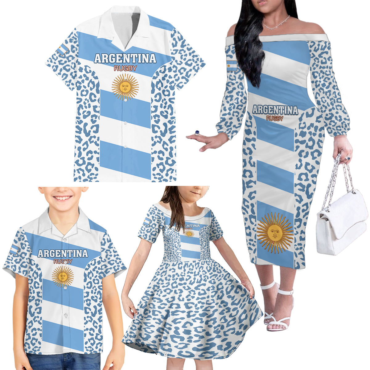 Argentina Rugby Family Matching Off Shoulder Long Sleeve Dress and Hawaiian Shirt Los Pumas Go 2023 World Cup - Wonder Print Shop