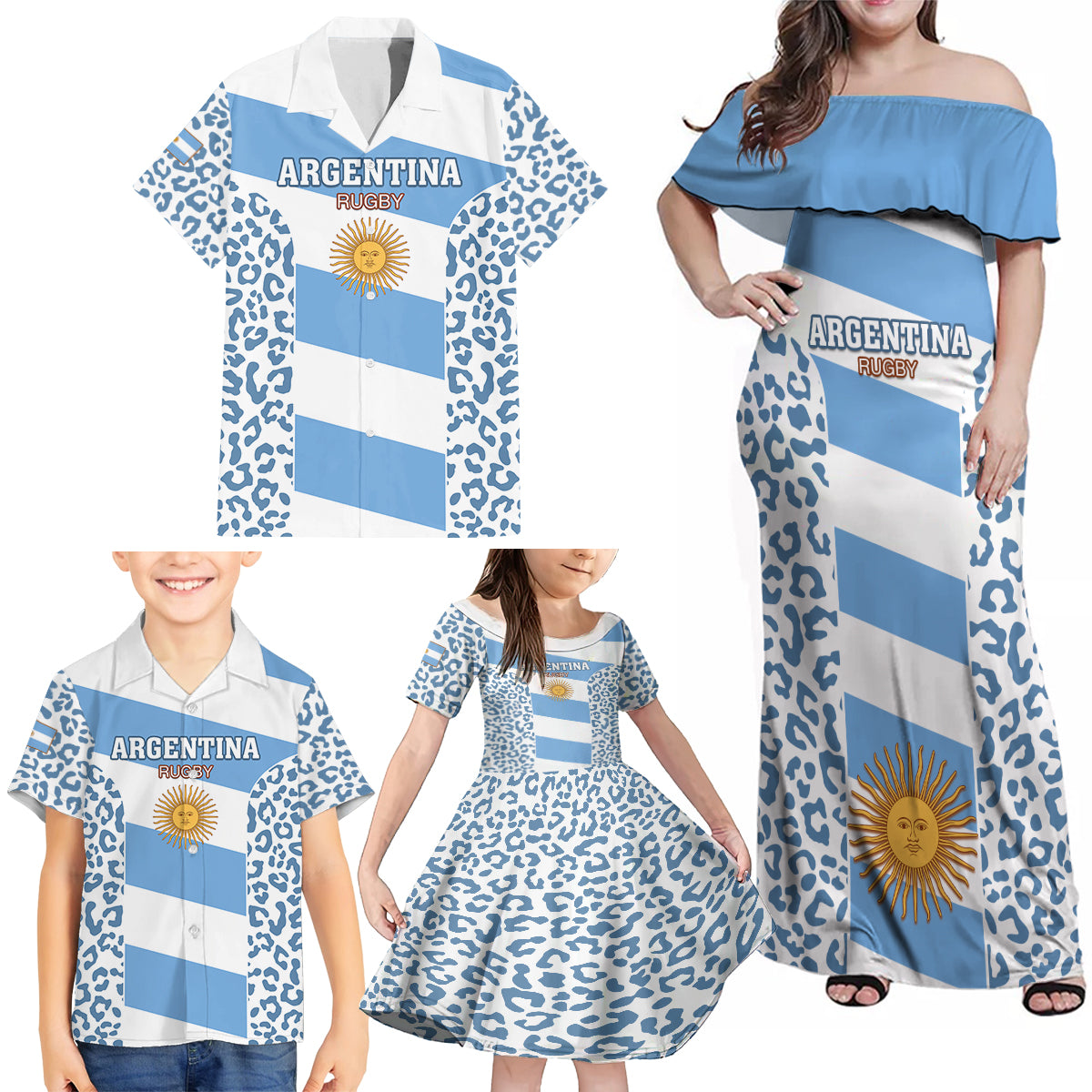 Argentina Rugby Family Matching Off Shoulder Maxi Dress and Hawaiian Shirt Los Pumas Go 2023 World Cup - Wonder Print Shop