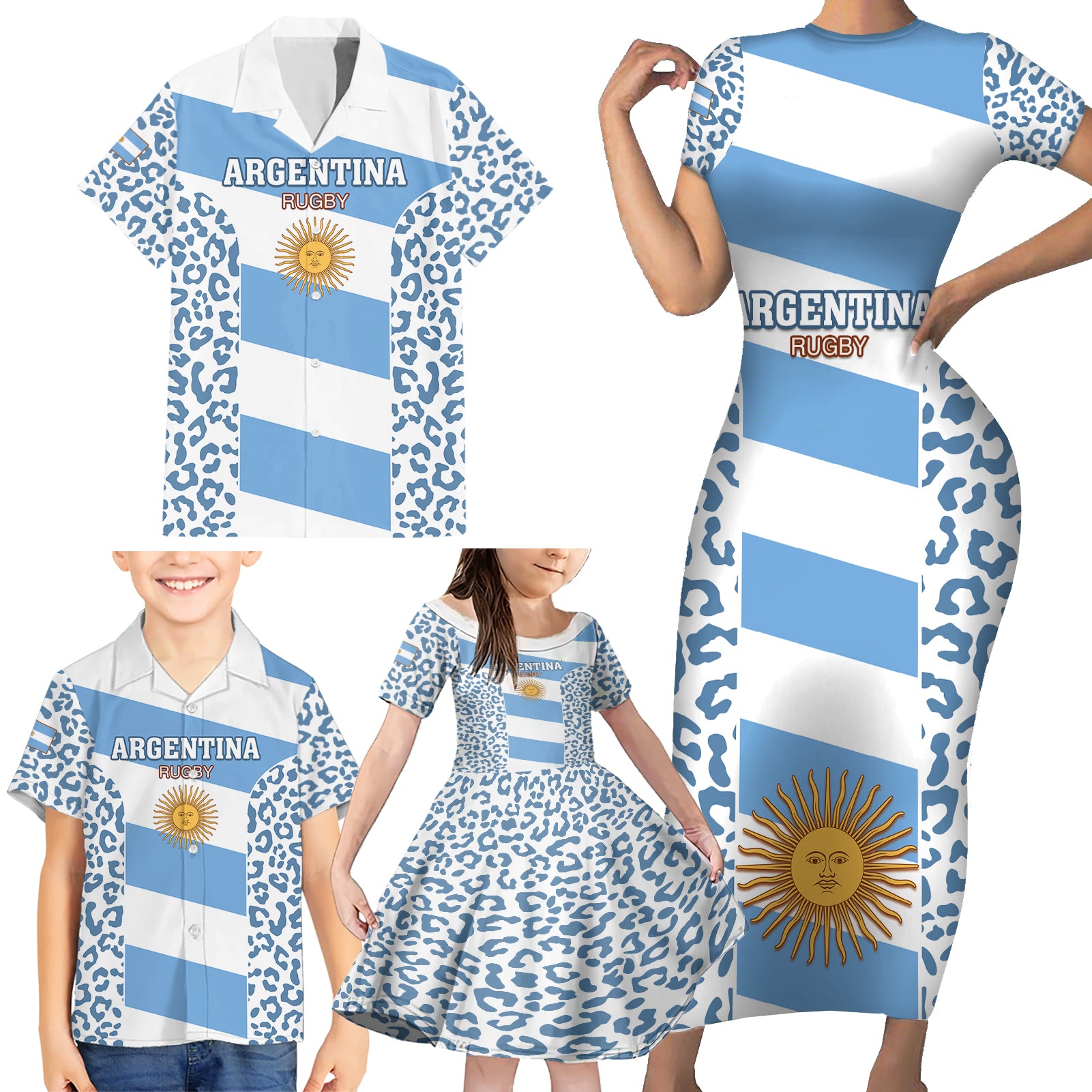 Argentina Rugby Family Matching Short Sleeve Bodycon Dress and Hawaiian Shirt Los Pumas Go 2023 World Cup - Wonder Print Shop