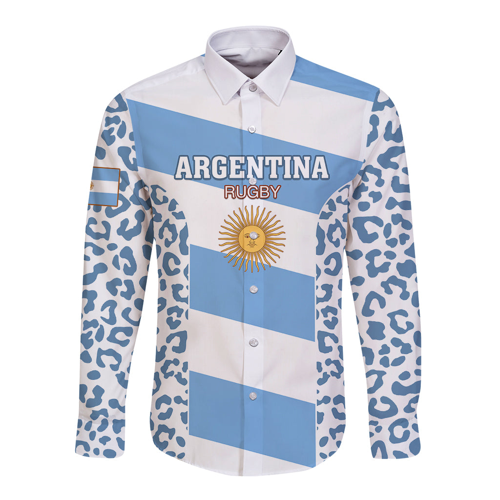 Argentina rugby button shirt, blue-and-white striped body with leopard sleeves and crest