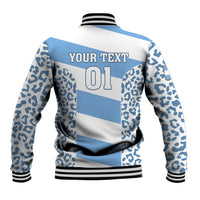 Blue/white varsity jacket with leopard sleeves; back 'YOUR TEXT' and '01', ribbed hem