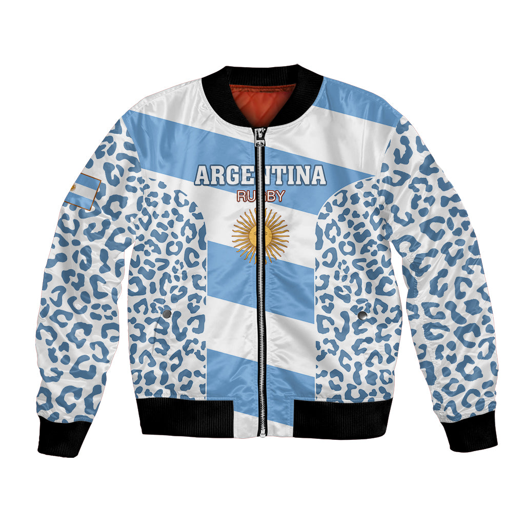 Blue and white rugby bomber jacket with leopard print sleeves and front zipper
