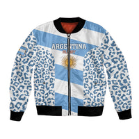 Blue and white rugby bomber jacket with leopard print sleeves and front zipper