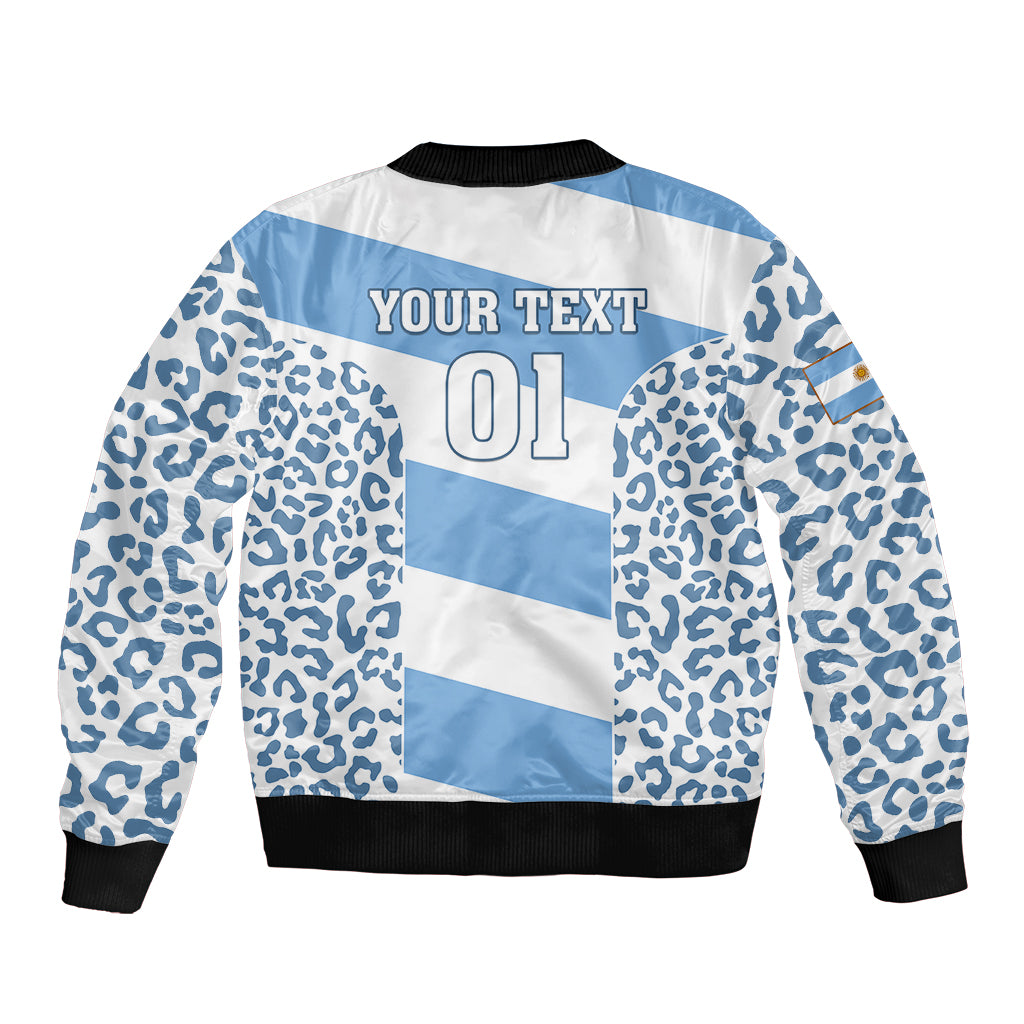 Blue leopard-print rugby bomber jacket with back graphic '01' and ribbed trim