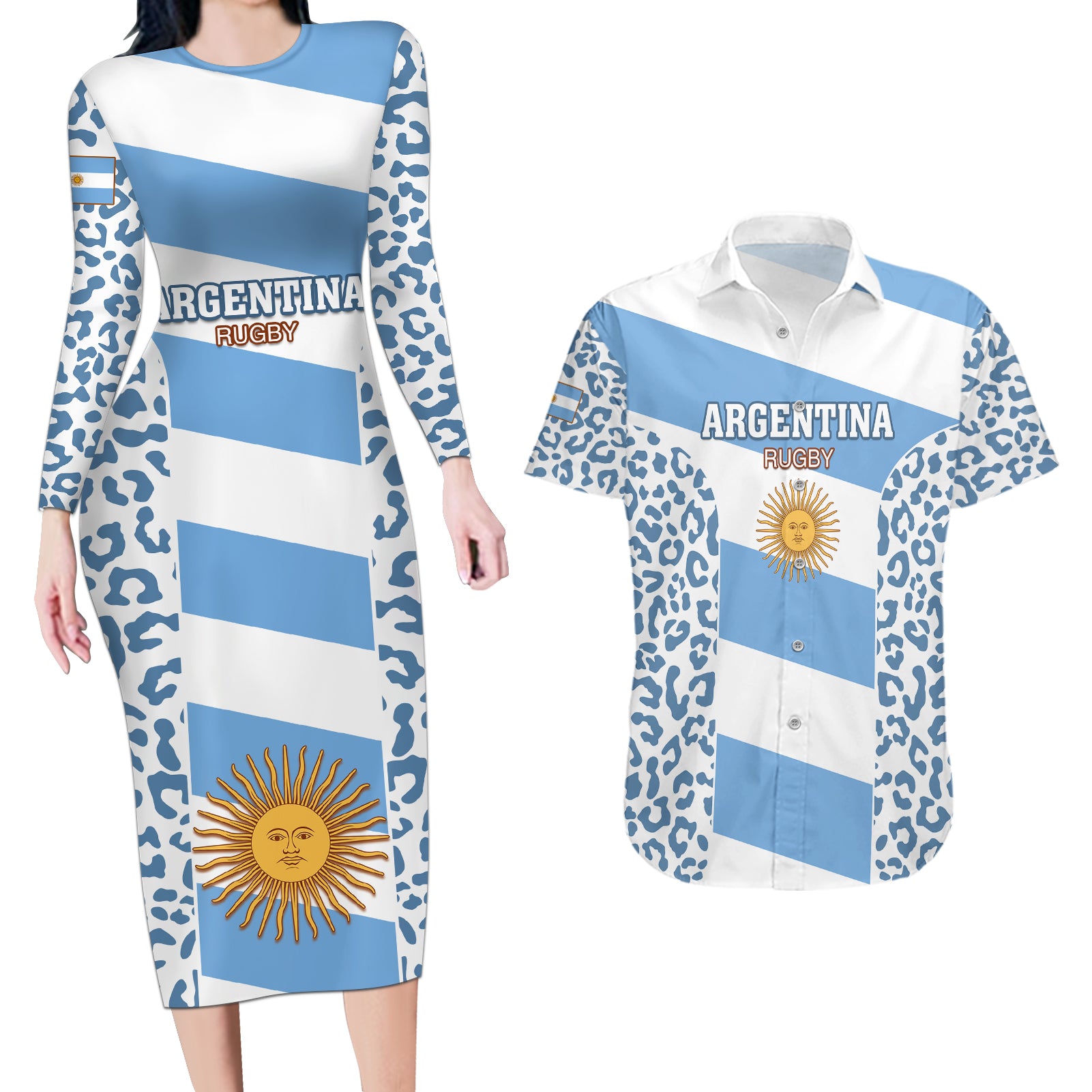 Custom Argentina Rugby Couples Matching Long Sleeve Bodycon Dress and Hawaiian Shirt Los Pumas Go 2023 World Cup - Wonder Print Shop