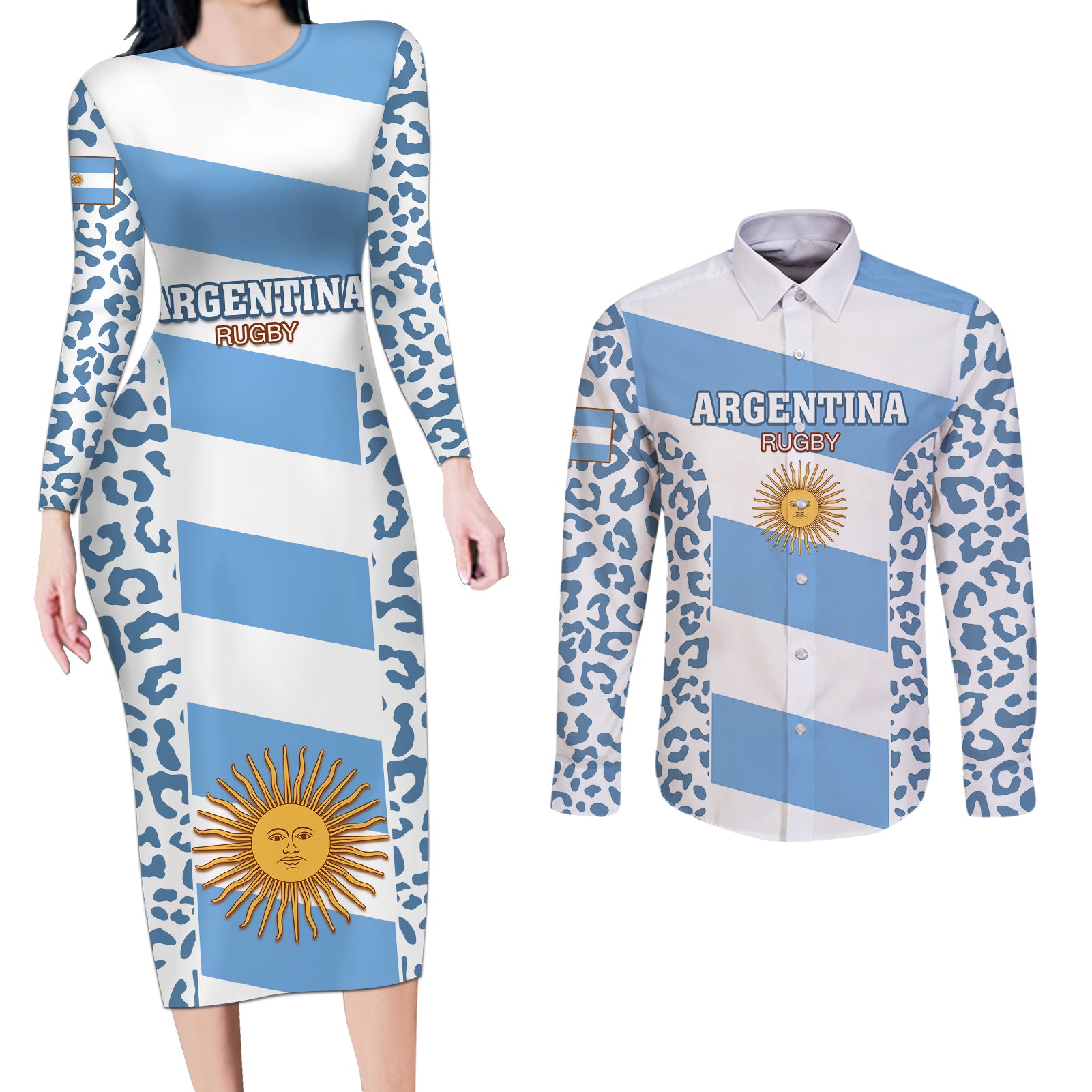 Custom Argentina Rugby Couples Matching Long Sleeve Bodycon Dress and Long Sleeve Button Shirts Los Pumas Go 2023 World Cup - Wonder Print Shop