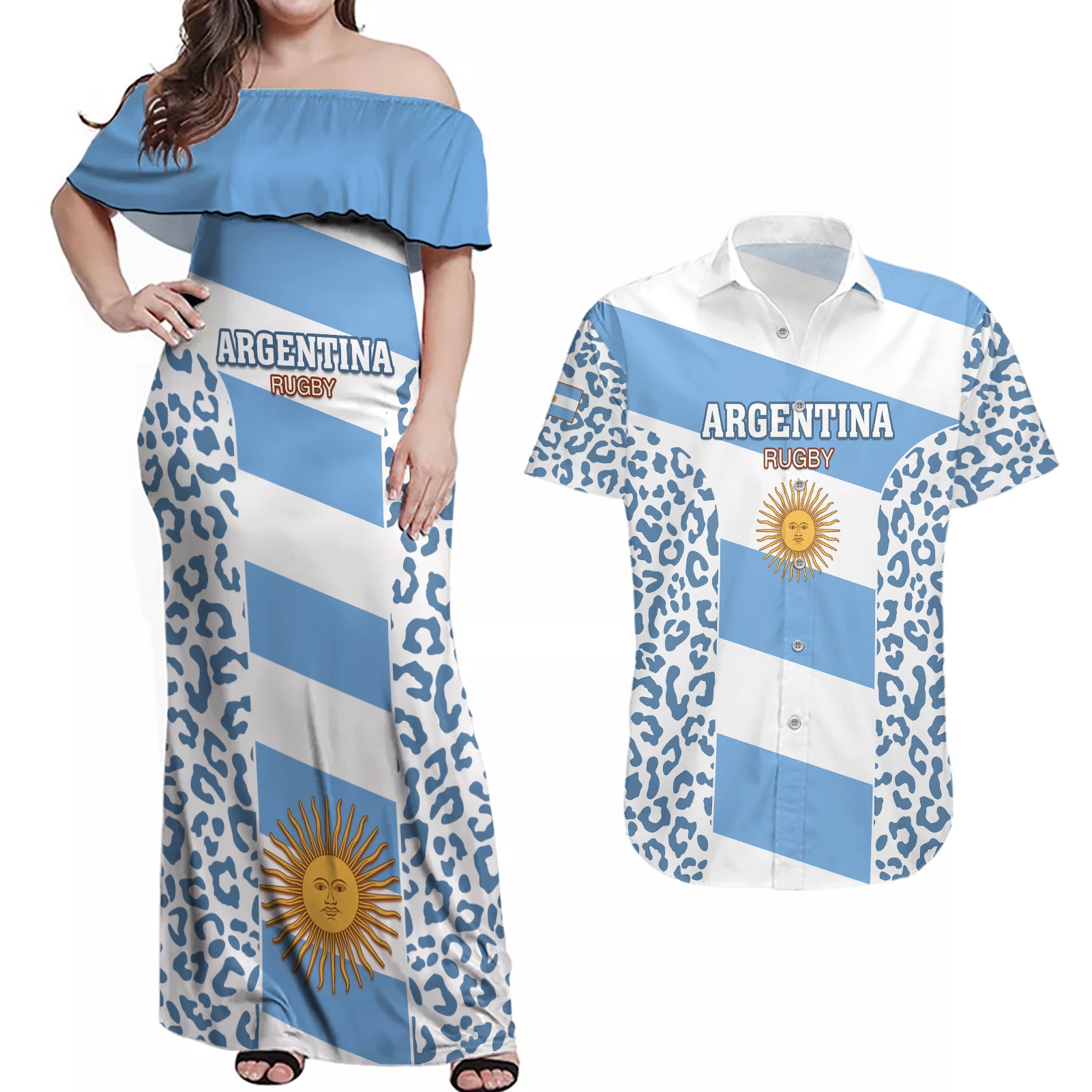 Custom Argentina Rugby Couples Matching Off Shoulder Maxi Dress and Hawaiian Shirt Los Pumas Go 2023 World Cup - Wonder Print Shop