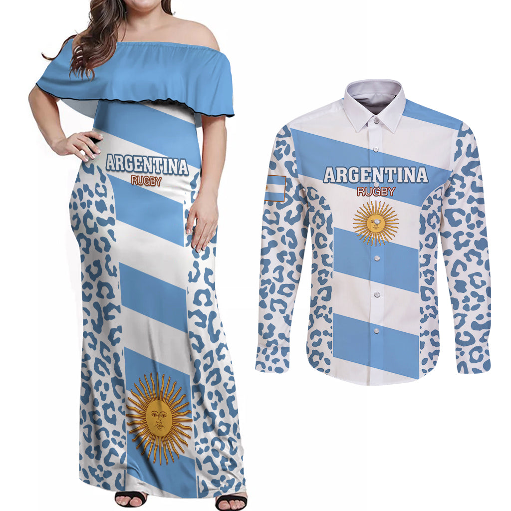 Custom Argentina Rugby Couples Matching Off Shoulder Maxi Dress and Long Sleeve Button Shirts Los Pumas Go 2023 World Cup - Wonder Print Shop