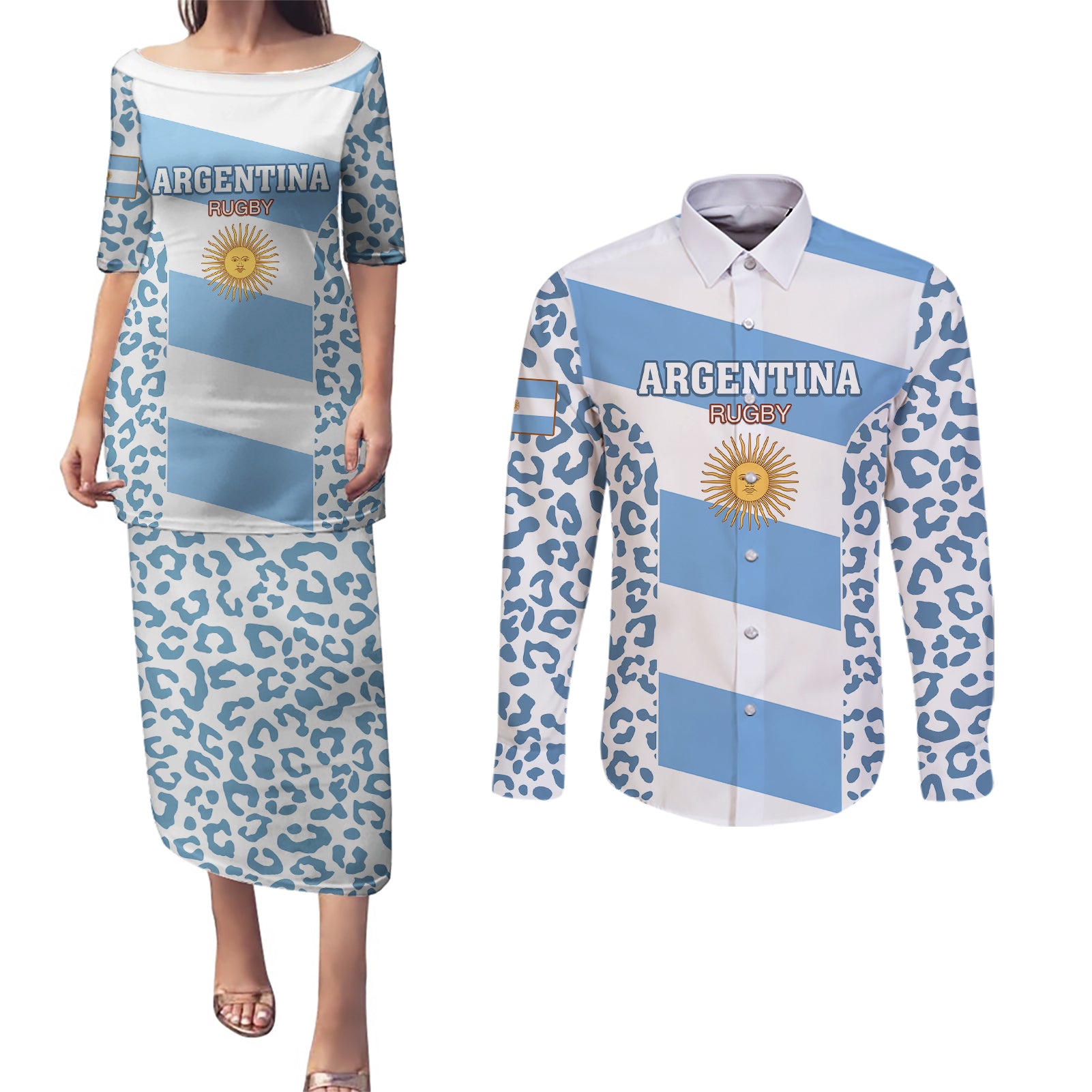 Custom Argentina Rugby Couples Matching Puletasi Dress and Long Sleeve Button Shirts Los Pumas Go 2023 World Cup - Wonder Print Shop