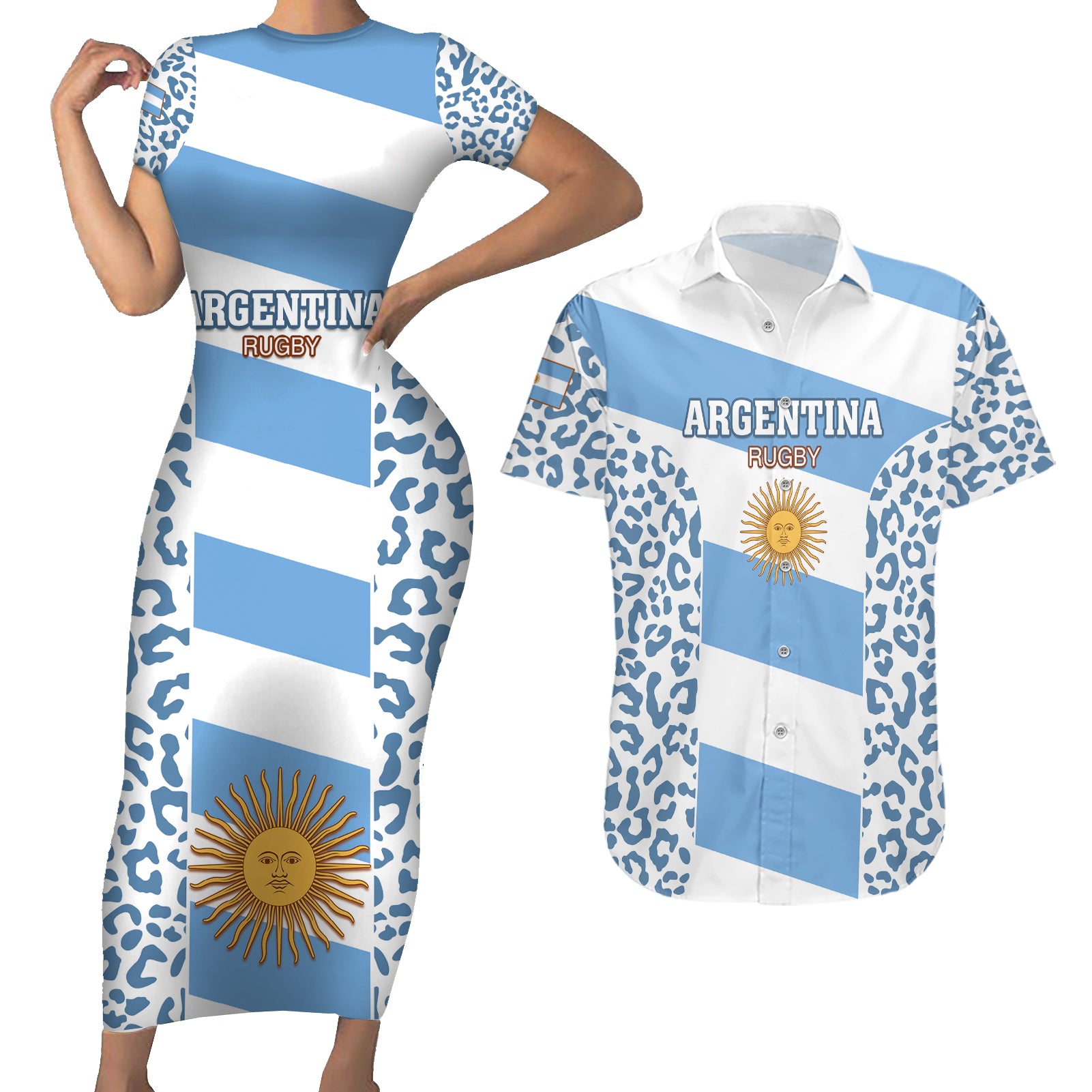 Custom Argentina Rugby Couples Matching Short Sleeve Bodycon Dress and Hawaiian Shirt Los Pumas Go 2023 World Cup - Wonder Print Shop