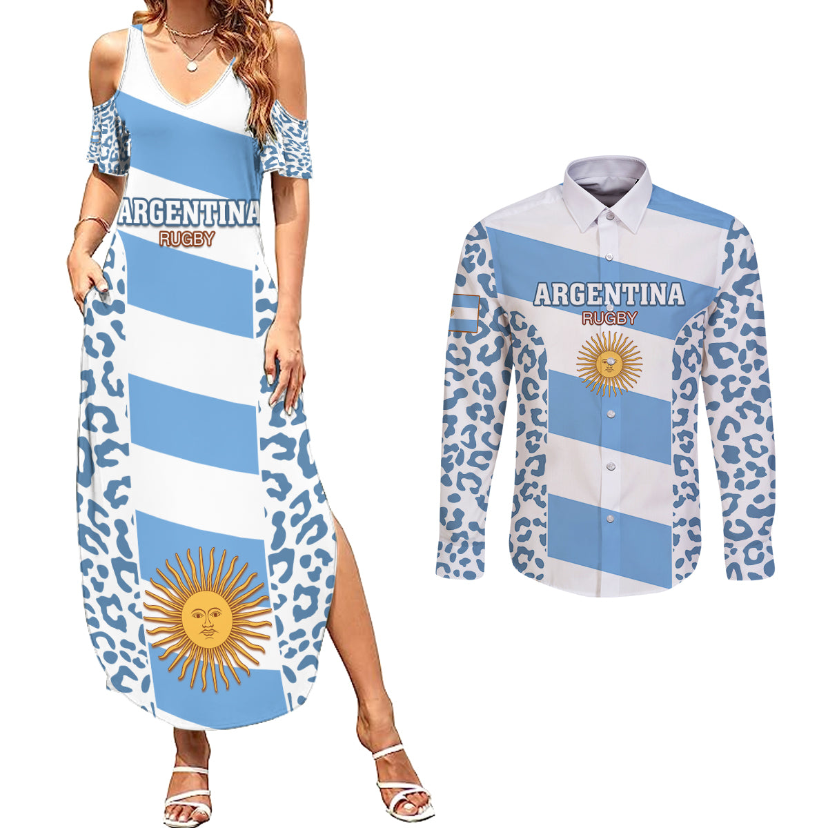 Custom Argentina Rugby Couples Matching Summer Maxi Dress and Long Sleeve Button Shirts Los Pumas Go 2023 World Cup - Wonder Print Shop