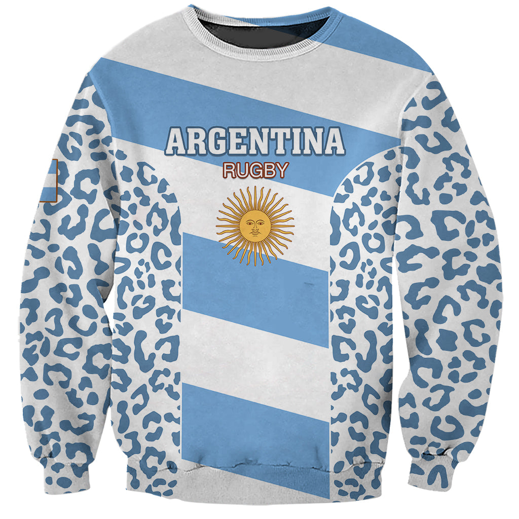 Unisex crewneck sweatshirt with Argentina rugby graphic, leopard pattern sleeves, blue/gray
