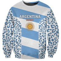Unisex crewneck sweatshirt with Argentina rugby graphic, leopard pattern sleeves, blue/gray