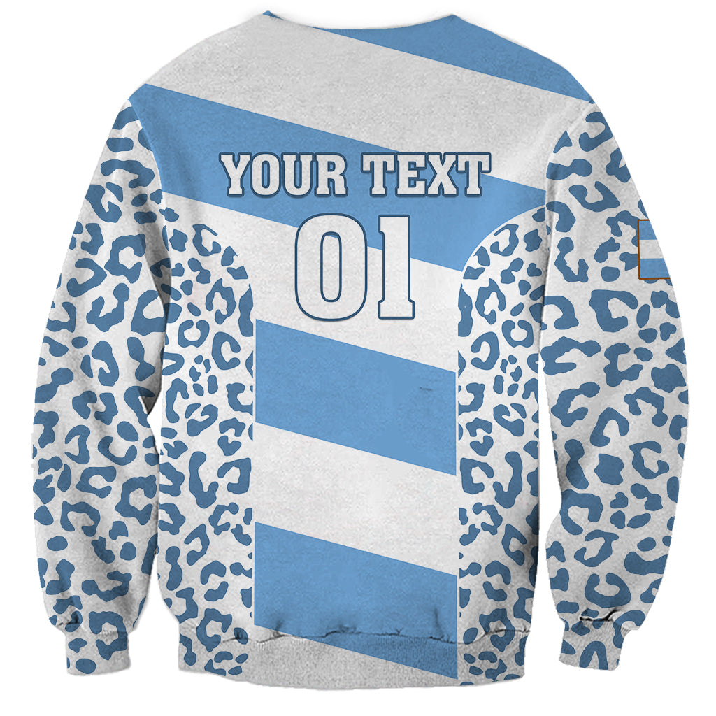 Unisex crewneck sweatshirt back with YOUR TEXT 01, leopard pattern, blue/gray