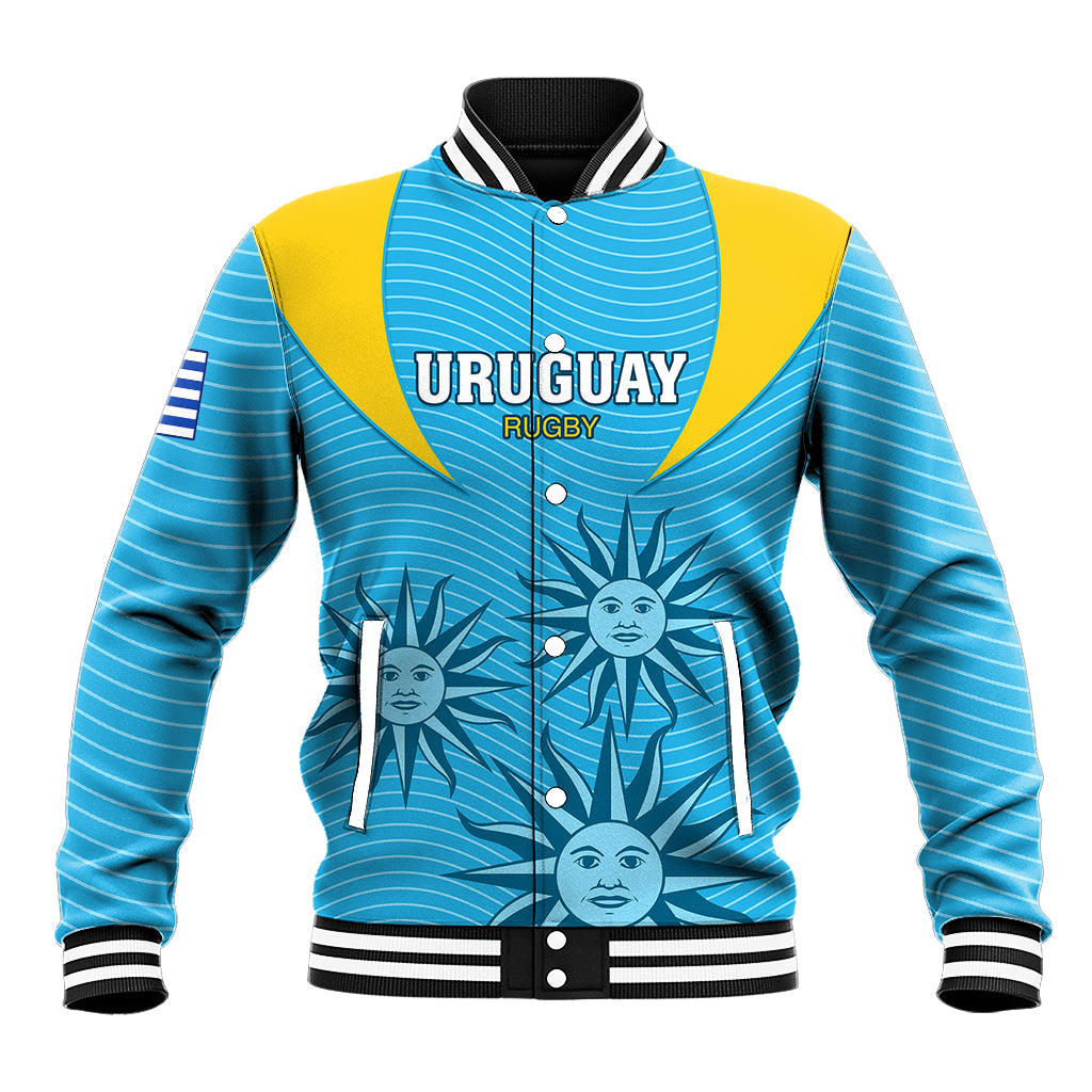 Uruguay rugby baseball jacket with blue, yellow shoulders, striped collar and cuffs