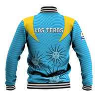 Uruguay rugby baseball jacket back view, blue with yellow yoke, graphic Sunburst print