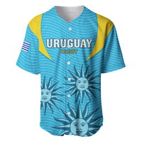 Light blue rugby baseball jersey with yellow trim, button front, URUGUAY RUGBY sun print