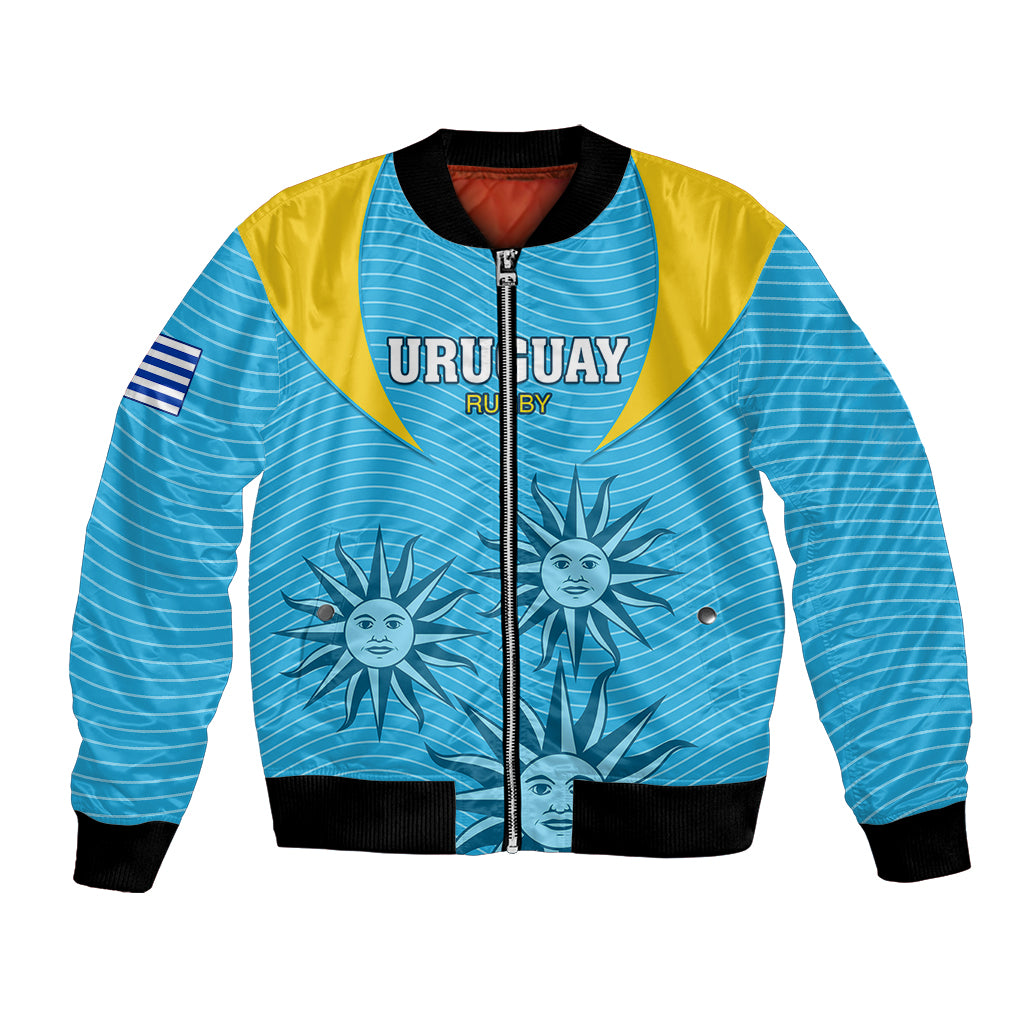 Blue bomber jacket with yellow shoulders, zipper front, sun-themed Uruguay rugby graphic