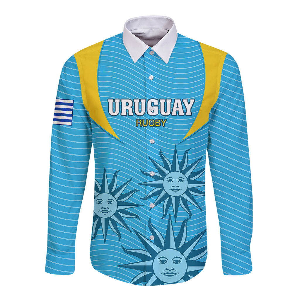 Blue long-sleeve button rugby shirt with Uruguay Rugby chest logo and sun print