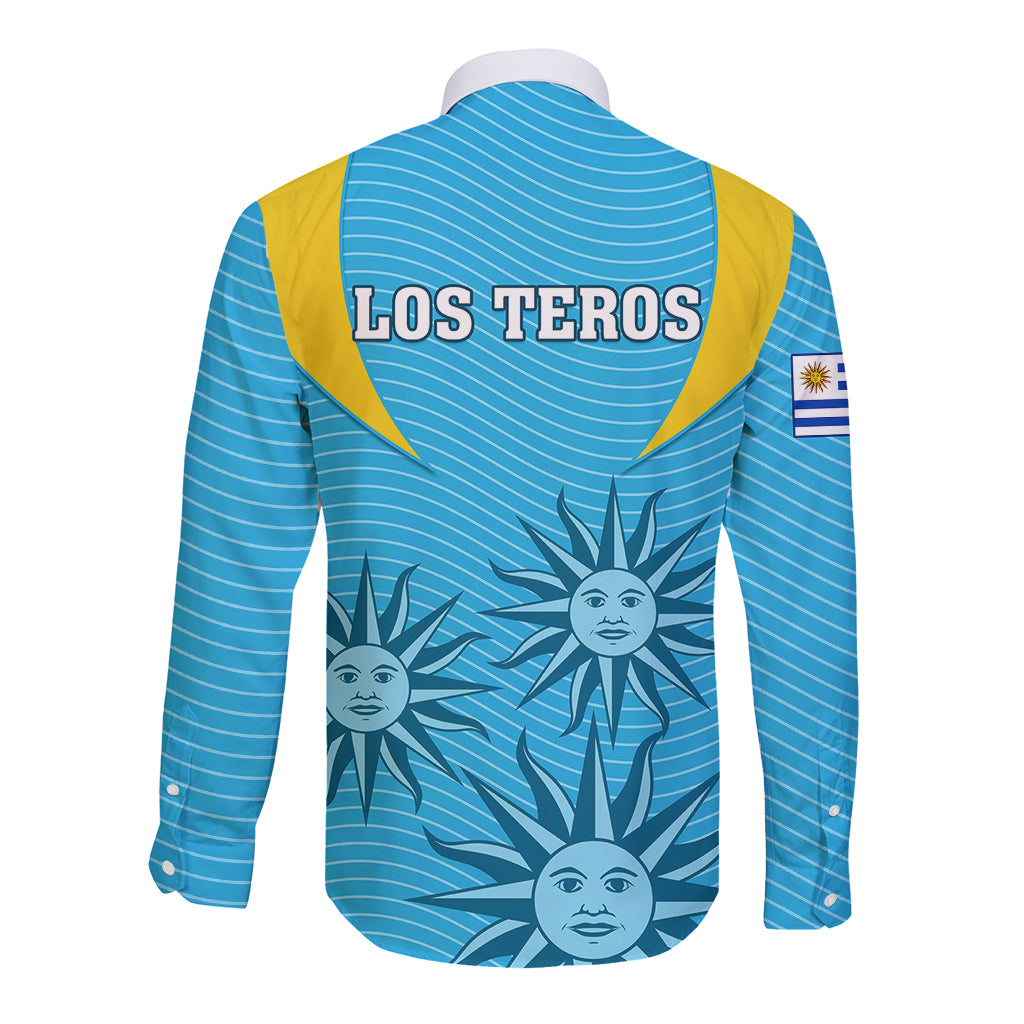 Blue long-sleeve button rugby shirt with Los Teros back print and sun graphic