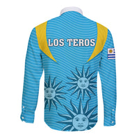 Blue long-sleeve button rugby shirt with Los Teros back print and sun graphic