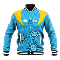 Blue varsity-style rugby baseball jacket with yellow shoulders, button front, bold front logo