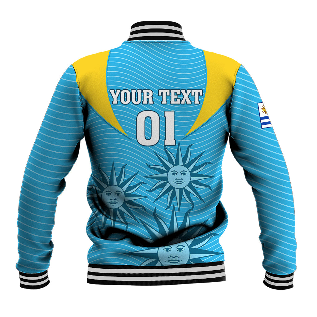 Blue rugby baseball jacket back with yellow shoulder panels, number 01 print, striped rib trim