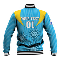 Blue rugby baseball jacket back with yellow shoulder panels, number 01 print, striped rib trim