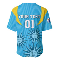 Blue rugby baseball jersey with yellow trim, back text “YOUR TEXT 01” and sun face graphics