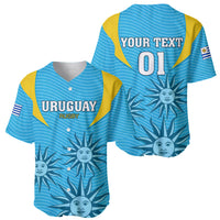 Two blue rugby baseball jerseys: Uruguay Rugby front and YOUR TEXT 01 back, sun graphics