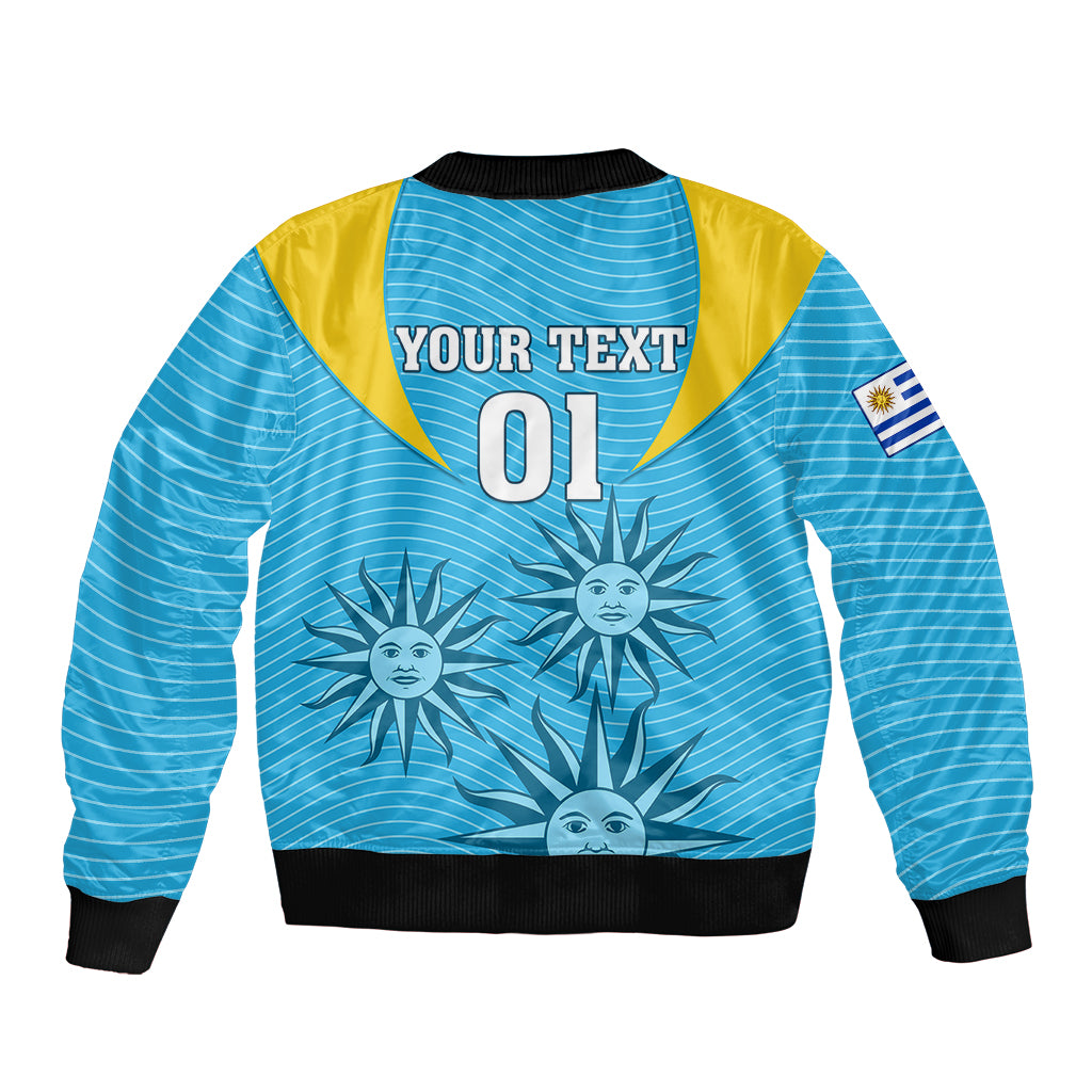 Light blue bomber jacket with yellow yoke, front zipper, black rib trim, "YOUR TEXT 01" print