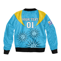 Light blue bomber jacket with yellow yoke, front zipper, black rib trim, "YOUR TEXT 01" print