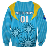 Blue rugby sweatshirt with yellow trim, YOUR TEXT 01, sun-face graphic, sleeve flag