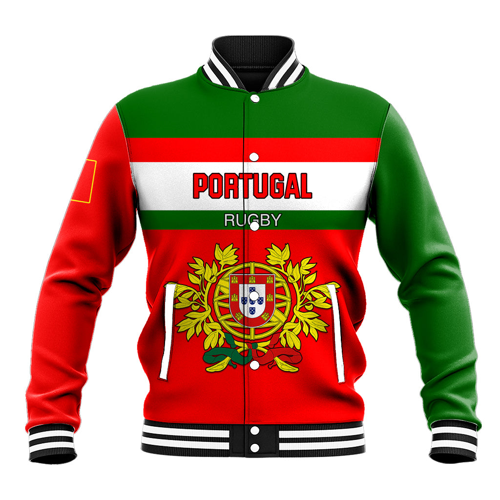 Rugby baseball jacket with green, red, and white stripes, front snap button, 'Portugal' crest